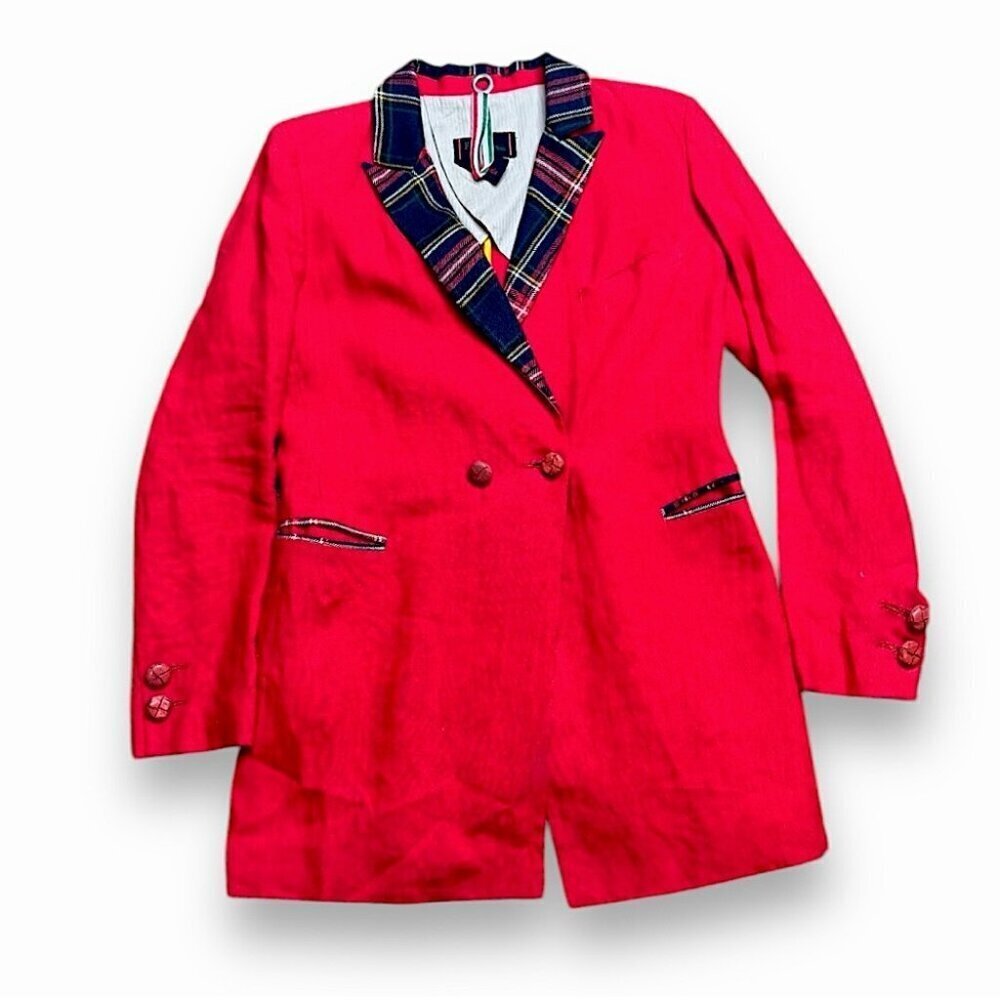 Vintage Michele Rossi Italian Designer Silk Viscose Plaid Trim Red Blazer US 6